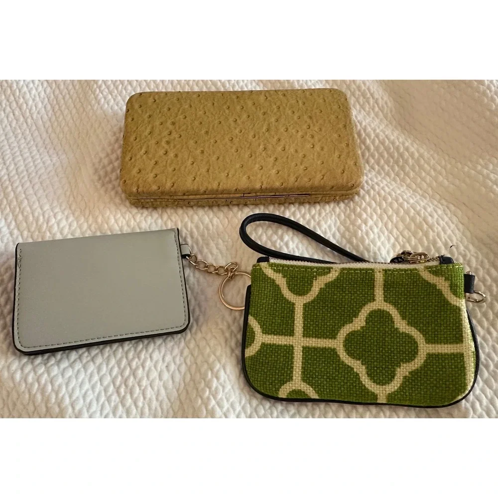 Lot of 3 Wallets Ostrich Embossed Clutch Card Holder and Green ID Wristlet